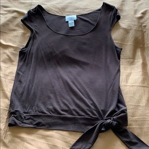 Brown cap-sleeve knit top with tie hem